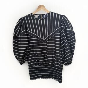 Vintage 80’s Mosaic Striped Puff Sleeve Black White Striped Smocked Retro Unique